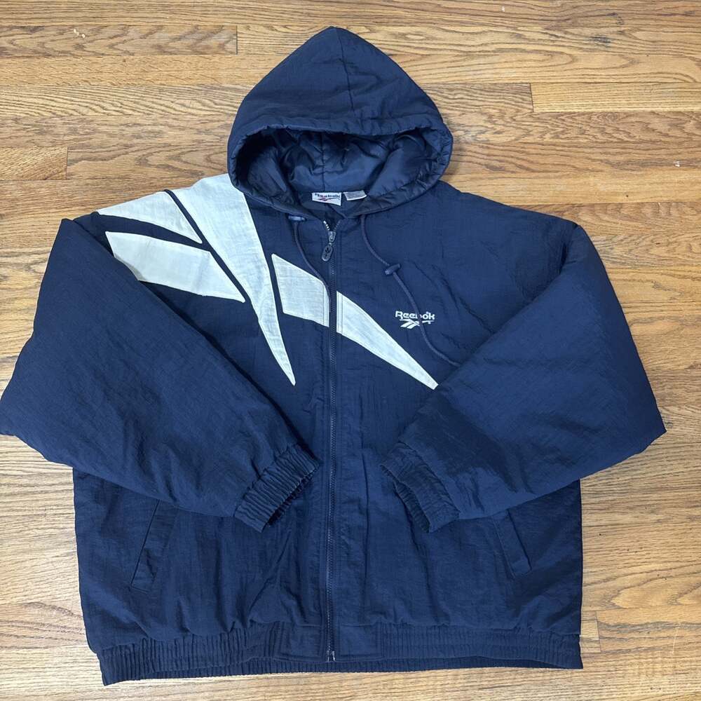VTG 90s Reebok Zip Jacket Large Big Logo Shaq Windbreaker Hood Quilt Line Puffer